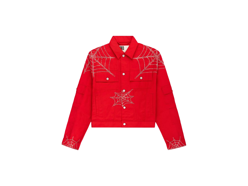 Sp5der Web Denim Cropped Trucker Jacket Red