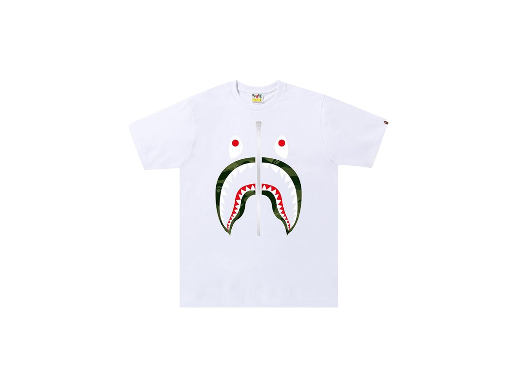 BAPE Color Camo Silver Zip Shark Tee White Green-BAPE-pikastore.cz