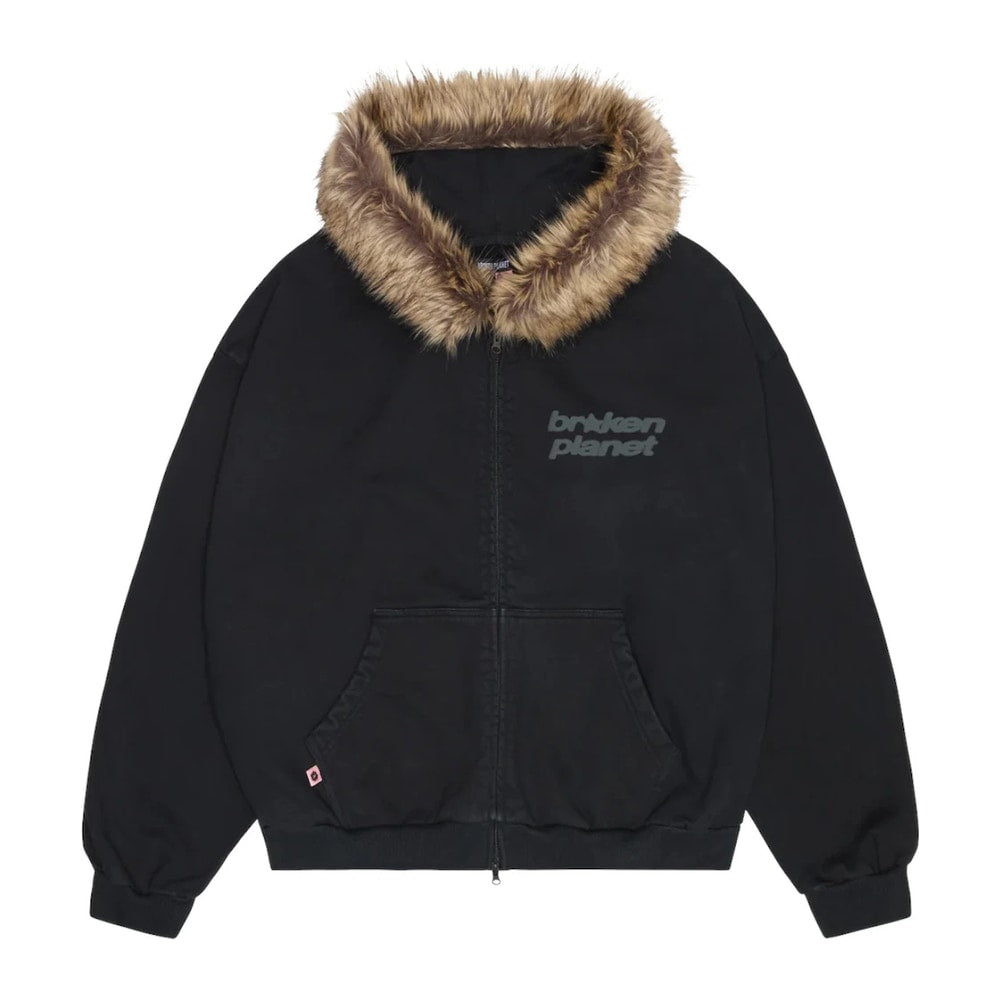Broken Planet Star Logo Fur Zip-Up Hoodie Midnight Black